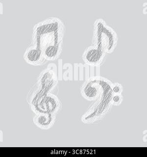Eine graue lineare Zeichnung von vier musikalischen Symbolen: Viertelnote, Achtelnote, Höhenschlüssel und Bassschlüssel auf hellgrauem Hintergrund. Stock Vektor