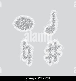 Vier handgezeichnete graue Skizziersymbole, die Noten und Vorzeichen als grobe Bleistiftkunst nachbilden. Stock Vektor