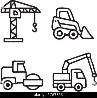 Eine schwarze Linie mit Symbolen aus einem Turmkran, einem Frontlader, einem Kipplader und einem Baggerbagger. Stock Vektor