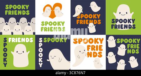 Vektor Halloween Illustration Set mit niedlichen lächelnden Geistern und Spooky Friends Buchstaben. Lustiges und freundliches Zeichentrickdesign, perfekt für Grußkarten Stock Vektor