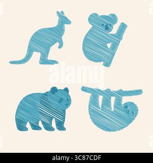 Ein Satz von vier aquafarbenen flachen Silhouetten, die ein Känguru, einen Koala, einen Bären und ein Faultier in Vektorform darstellen. Stock Vektor