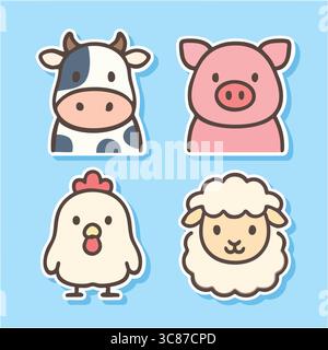 Ein quadratischer Hintergrund in Pastellfarben mit vier Stilgesichtern: Eine Kuh, ein Schwein, ein Küken und ein Lamm. Stock Vektor