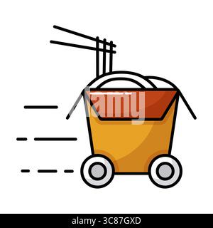 Isoliertes Symbol mit Vektor-Wok-Box auf Rädern. Lieferzeichen. Graph Symbol für Kochen Website und Apps Design, Logo, App, UI Stock Vektor
