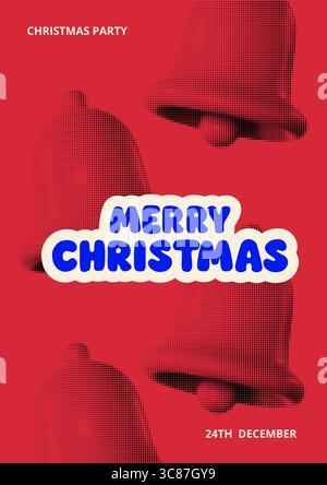 Verspieltes Poster für die Weihnachtsfeier mit kräftigen Glocken im Halbton und farbenfroher Typografie. Roter Hintergrund, schwarze Glocken und blauer Merry Christmas Text in A Stock Vektor