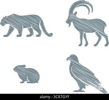 Eine Sammlung von vier grauen Tiersilhouetten: Ein Panther, eine Ziege, ein Frosch und ein hoch sitzender Vogel. Stock Vektor