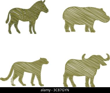 Ein Satz von vier olivgrünen Silhouetten, die ein Zebra, ein Nashorn, einen Panther und einen Büffel auf weißem Hintergrund darstellen. Stock Vektor