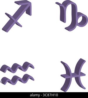 Ein Satz von vier violetten Vektorsymbolen, die die Sternzeichen Schütze, Steinbock, Wassermann und Fische darstellen. Stock Vektor