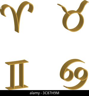 Vier goldfarbene Vektorsymbole, die die Sternzeichen Aries, Stier, Gemini und Krebs darstellen. Stock Vektor