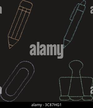 Vier stilisierte Bürowerkzeuge, die mit farbiger Kreidestruktur gerendert wurden – zwei Bleistifte, eine Büroklammer und eine Binderklammer –, die über einem dunklen Hintergrund angeordnet sind, um einen Arbeitsauftrag anzudeuten Stock Vektor