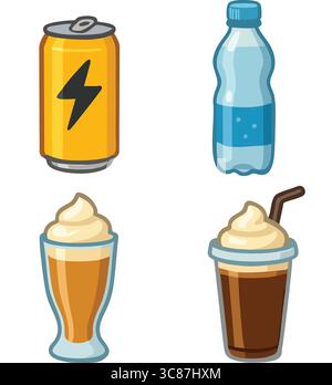 Ein flaches Vektorset, das eine Energy Drink Dose, eine Wasserflasche, einen hohen Eiskaffee und einen Milchshake zeigt. Stock Vektor