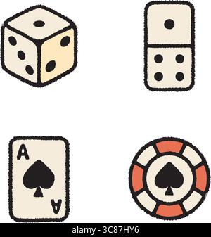 Eine flache Vektorgruppierung aus einem Pik-Ass, einem sechsseitigen Würfel, einem Dominostein und einem Poker-Chip. Stock Vektor