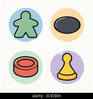 Ein flaches Icon-Set mit vier Spielteilen: Eine Mieple-Silhouette, eine leere Scheibe, einen kreisförmigen Chip und einen klassischen Spielstein. Stock Vektor