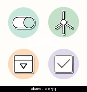 Ein Satz von vier pastellfarbenen kreisförmigen UI-Symbolen, die einen Kippschalter, eine Windturbine, einen Pfeil im Dropdown-Menü und ein Häkchen des Kontrollkästchens darstellen. Stock Vektor