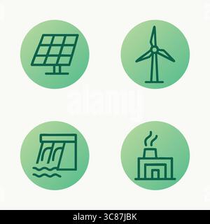 Set aus sechs runden grünen Symbolen, die Sonnenkollektoren, Windkraftanlagen, Wasserkraftwerke, Fabriken mit Öko-Symbol und andere Konzepte für nachhaltige Energie darstellen. Stock Vektor