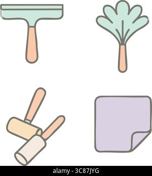Satz von Vektorsymbolen, einschließlich eines Abziehers, eines stilisierten Reinigungswerkzeugs oder Lufterfrischers in der Form einer Pflanze und eines quadratischen Polsters, das auf Multi-Surface cl hinweist Stock Vektor