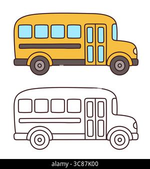 Klassische gelbe Schulbuszeichnung im niedlichen Cartoon-Stil. Farbige Illustration und Schwarzweiß-Strichgrafik zum Ausmalen. Handgezeichneter Vektor-Clipart. Stock Vektor