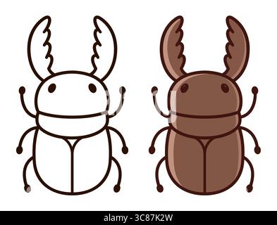 Hirschkäfer-Zeichnung im schlichten, niedlichen Cartoon-Stil. Farbige Illustration und Schwarzweiß-Strichgrafik zum Ausmalen. Handgezeichneter Vektor-Clipart. Stock Vektor