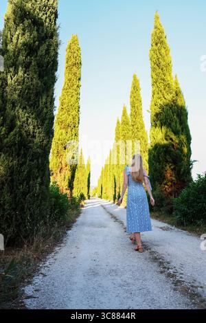 Frau, die durch eine Zypressenallee in der Toskana läuft. Ruhige Sommerreiseszene. Stockfoto