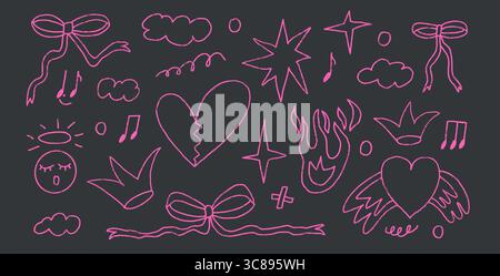 Liebe Doodle-Hintergrund. Scribble Grunge-Elemente. Herzen, Feuer, Bögen und Zeichnungslinien. Naive Vektor-Illustration durch rosa Bleistift auf schwarzem Hintergrund Stock Vektor
