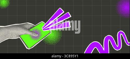 Smartphone-Anwendung mit Halbton- und Pixelelementen-Hintergrundvorlage. Collage mit Pixelgrafik und Telefonhaltung durch Zeitschriftenausschnitte aus menschlicher Hand. Stock Vektor
