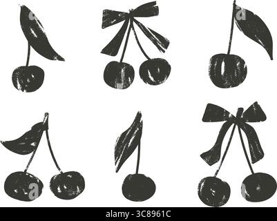 Silhouettenset mit Kirschholzkohle. Coquette-Beeren mit Bögen und Blättern kritzeln isoliert auf weißem Hintergrund. Strukturierte Elemente mit Grunge-Körnung. Stock Vektor