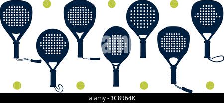 Padel Tennisschläger und -Bälle. Isolierte Grafikausrüstung für Padel- und Meisterschaftsspiele oder Hobby-Freizeit. Schwarze Symbole. Vektorillustr Stock Vektor