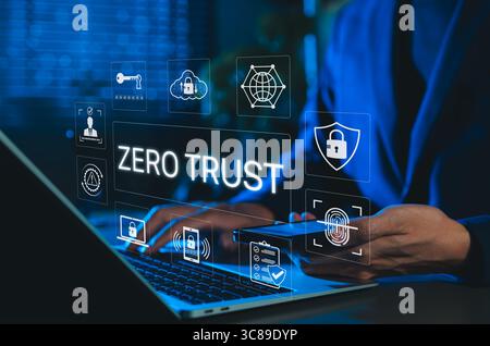Zero Trust Security-Konzept. Geschäftsmann interagiert mit Zero Trust Sicherheitssymbolen, darunter Fingerabdruck, Vorhängeschloss, Cloud-Zugriff und Cybersicherheit Stockfoto
