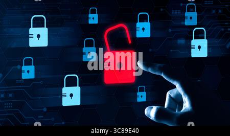Cybersicherheitskonzept. Das System hat den Alarm gehackt und das Vorhängeschloss in Rot wurde entsperrt. Cyber-Sicherheit, sichere Verschlüsselung, Verletzung des Informationszugriffs und Stockfoto