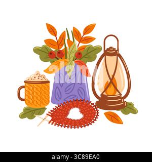 Eine gemütliche Illustration zeigt eine warme Lampe, die einen lebhaften Herbststrauß beleuchtet, zusammen mit einer dampfenden Tasse heißer Schokolade mit aufschäumender Creme. Pe Stock Vektor