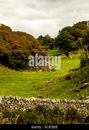 Ein kleines Holzgebäude befindet sich in einem grünen Tal, umgeben von Bäumen und einer Steinmauer. Stockfoto