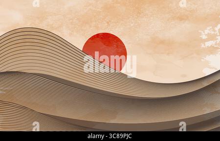 Berg- und Texturhintergrund, japanische Landschaft, Strichkunst, wellige abstrakte Vorlage mit Kurvenmuster, rotes Sonnentapete. Vektor Stock Vektor