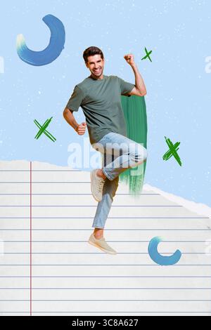 Collage-Poster der Siegerperson auf Notizbuchseitenmuster mit Formen auf blauem Hintergrund Stockfoto