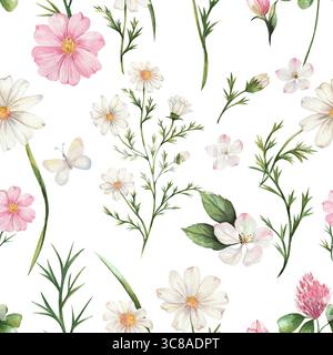 Nahtloses Aquarellmuster von Wildblumen. Kamille, Apfelbaum, Cameo, Klee. Zusammensetzung der zarten Blüten von weiß, rosa und grün. Isoliert. Hochzeit, Tapeten, Hintergründe Stockfoto