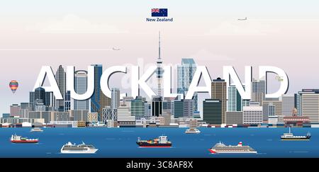 Auckland Stadtlandschaft farbenfrohe Vektorillustration mit großem Stadtnamen auf dem Hintergrund. Trendiges Reiseposter Stock Vektor
