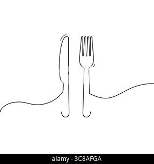 Minimalistische Strichkunst mit Messer und Gabel auf weißem Hintergrund. Vektorabbildung Stock Vektor