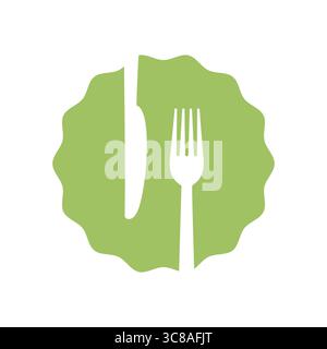 Grünes Emblem mit Messer und Gabel für das Speisekonzept. Vektorabbildung Stock Vektor
