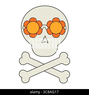 Schädel mit orangefarbenen Blumengläsern und gekreuzten Knochen auf weißem Hintergrund. Vektorabbildung Stock Vektor