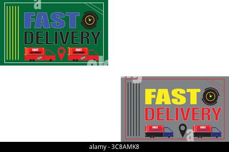 Schild mit schneller Lieferung mit Illustration für Lastwagen und fettgedrucktem Textlayout für Versand und Kurierdienst Stock Vektor