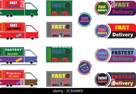 Schnelle Lieferung und schnellster Versand-Badge-Vektorsatz mit bunten Lkw, Express-Etiketten und kreisförmigen Symbolen für Logistik und E-Commerce-Marketing Stock Vektor