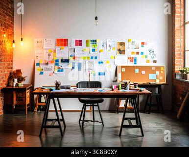 Kunststudio-Arbeitsbereich mit großem Tisch, Bleistiften, Pinseln, verstreuten Papieren, Skizzen an Wänden, und Kalender mit kreativer Atmosphäre. Stockfoto