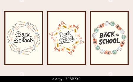 Einfaches Posterset für die Schulzeit. Trendige Schulbanner, Hintergründe. Modernes Design mit Schulutensilien, Aufklebern für Bildungszwecke, Doodle. Zurück zur Schule Stock Vektor