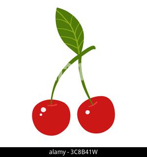 Cherry Cartoon Illustration. Ganze reife rote Kirsche abstrakte, bunte, kindliche, handgezeichnete Frucht. Kindliche stilisierte Grafik einfache trendige Vektorkunst für Kinder, Aufkleber, Karte, Poster, Cover Stock Vektor