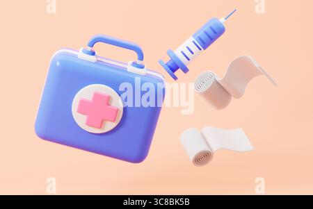 Cartoon medizinisches erste-Hilfe-Set, Injektionsspritze und saugfähiges Mull im orangefarbenen Hintergrund, 3D-Rendering. 3D-Abbildung. Stockfoto