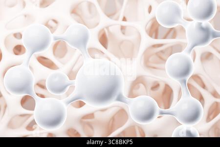 Weiße Moleküle und poröser Skelett-Hintergrund, 3D-Rendering. 3D-Abbildung. Stockfoto