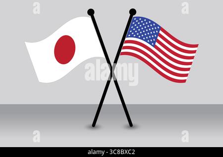 Gekreuzte Flaggen Japans und der USA symbolisieren internationale Beziehungen. Stock Vektor