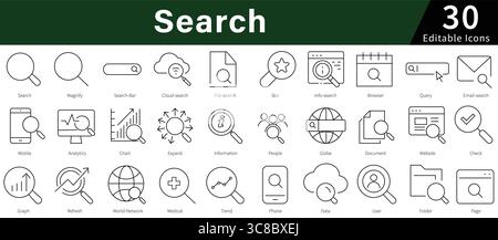Bearbeitbare Zeilensymbole für Suche, Ermittlung, Recherche und Informationsabruf suchen Stock Vektor