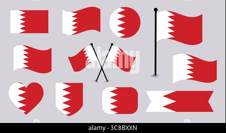 Bahrain Flag Designs in verschiedenen Formen und Stilen. Stock Vektor