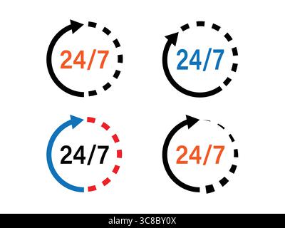 Vier 24/7 Support-Symbole in verschiedenen Farben. Stock Vektor