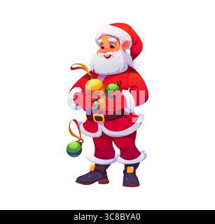 Santa Claus Cartoon Charakter mit Weihnachtsbaumdekoration Kugeln, Vektorfigur. Glücklicher Weihnachtsmann mit Weihnachtsbaumkugeln in Händen für frohe Weihnachten und Neujahrsgrüße Stock Vektor