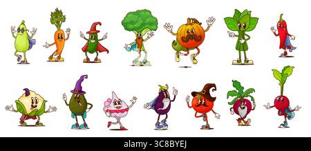 Groovige Halloween-Zauberer und Feen-Gemüsefiguren mit magischen Hüten und Umhängen. Vektor-Hippie-Magier Gemüsefiguren aus groovigen lustigen Tomaten, Karotten, Avocado, Pfeffer und Brokkoli Stock Vektor